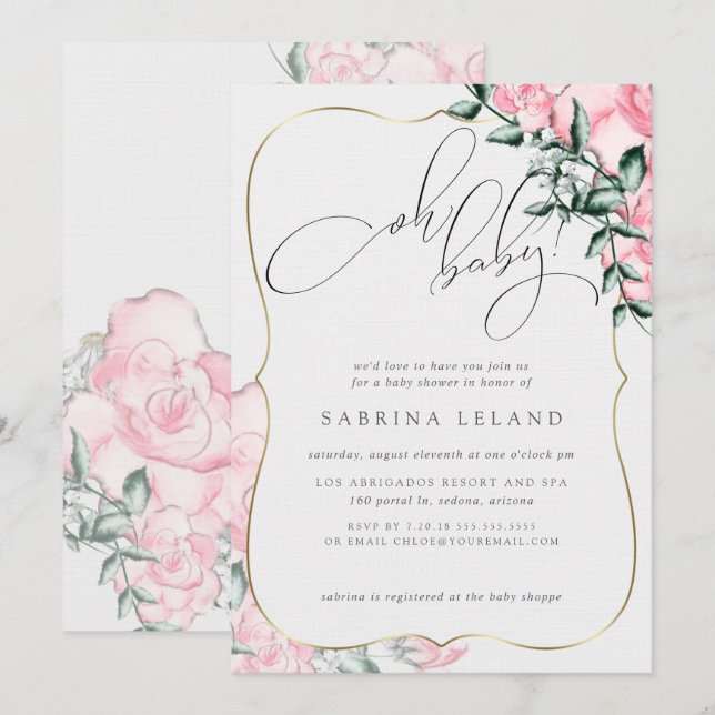 Oh Baby Pink Rose Baby Shower Invitation (Front/Back)