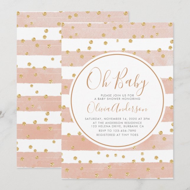 Oh Baby Pink Stripe Glitter Baby Shower Invitation (Front/Back)