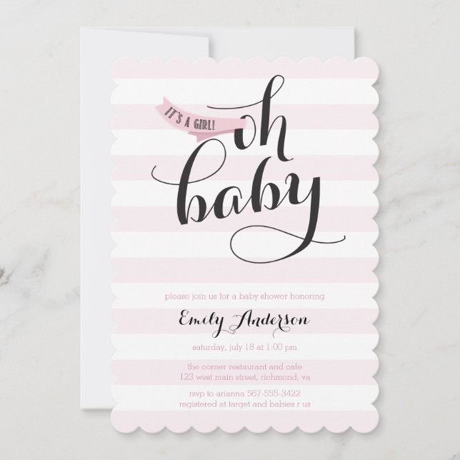Oh Baby Pink Stripes Baby Shower Invite (Front)