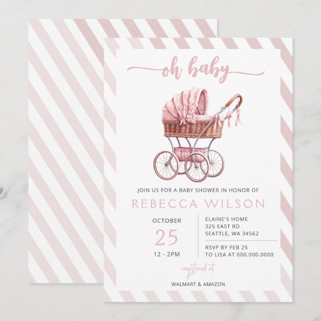 Oh Baby Pink Stroller Pram Girl Baby Shower  Invitation (Front/Back)