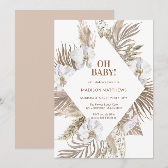 Oh Baby Pink & Tan Boho Floral Baby Shower  Invitation (Front/Back)