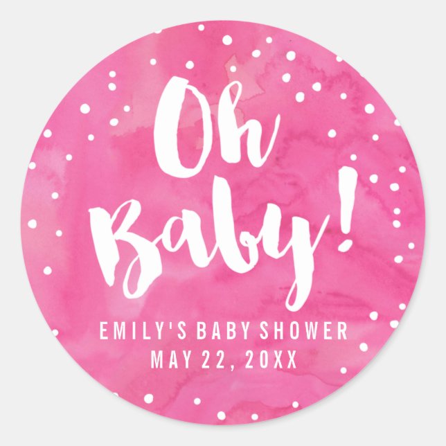 Oh Baby Pink Watercolor Baby Shower Classic Round Sticker (Front)