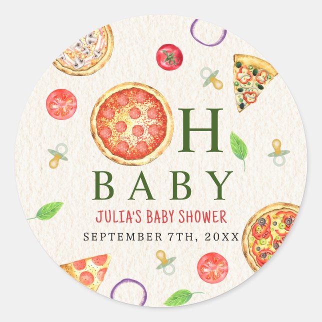 Oh Baby Pizza + Pacifiers Baby Shower Classic Round Sticker (Front)