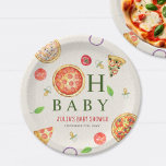 Oh Baby Pizza   Pacifiers Baby Shower Paper Plate<br><div class="desc">Pizza & Pacifiers baby shower pizza party theme with Illustration of a pepperoni pizza incorporated in to the design "oh baby" with pizza,  tomato,  basil,  onion,  and pacifier illustrations all around.</div>