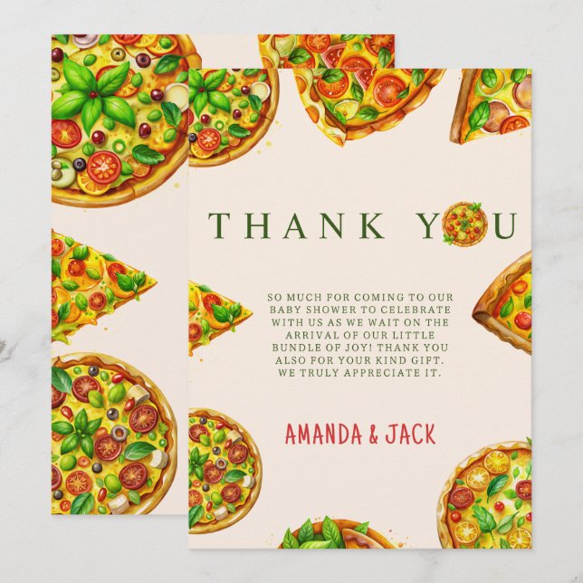 Oh Baby Pizza Tomatoes Olivia Green Baby Shower Thank You Card (Front/Back)