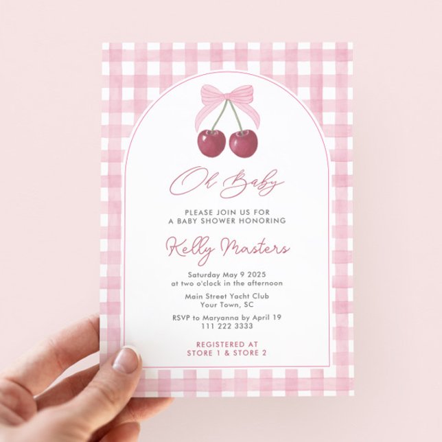 Oh Baby Pretty Pink Cherries Girl Baby Shower Invitation (She's the cherry on top! Pretty pink gingham & cherries baby shower invitation for girl with arch)