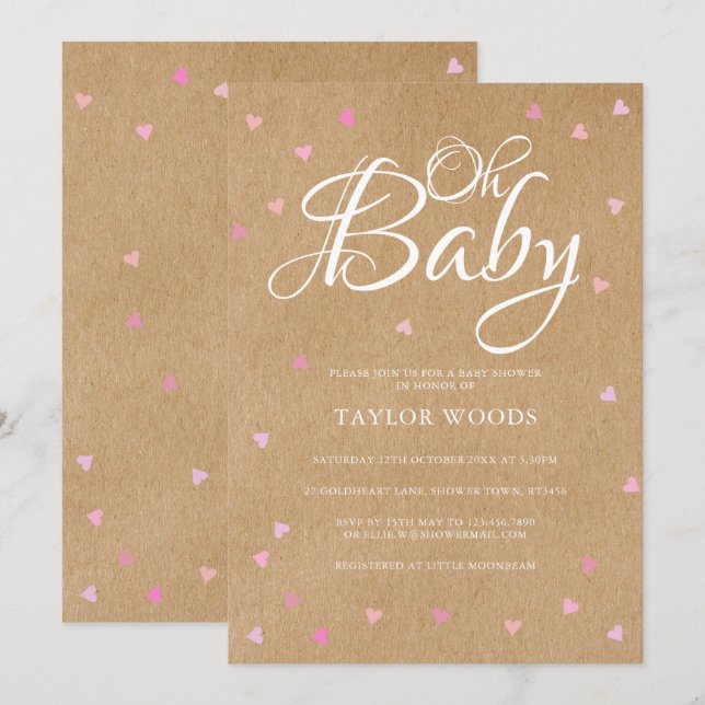Oh Baby Pretty Pink Hearts Baby Shower Rustic Boho Invitation (Front/Back)