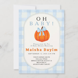 Oh Baby Pumpkin Blue Gingham Baby Shower Invitation
