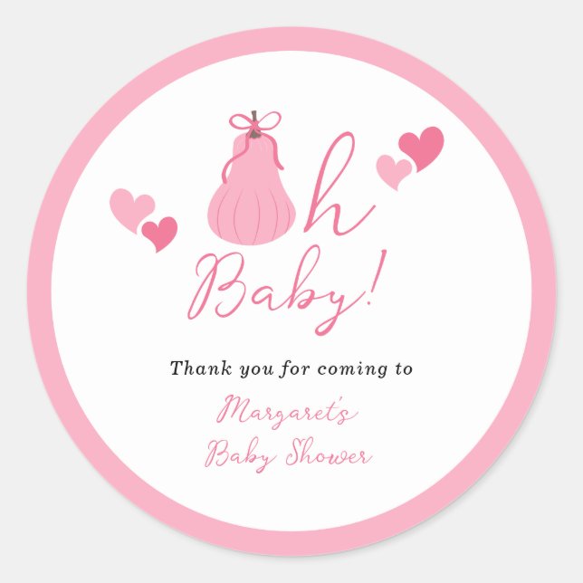 Oh Baby Pumpkin Bow Girl Baby Shower Thank you Classic Round Sticker (Front)