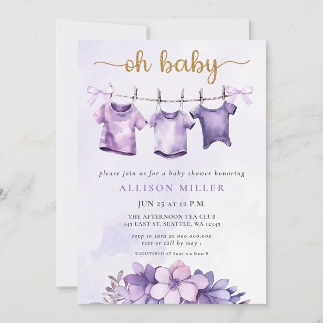 Oh Baby Purple Baby Clothesline Girl Baby Shower  Invitation (Front)