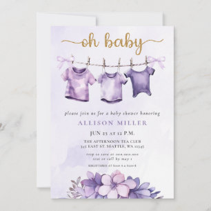 Oh Baby Purple Baby Clothesline Girl Baby Shower Invitation