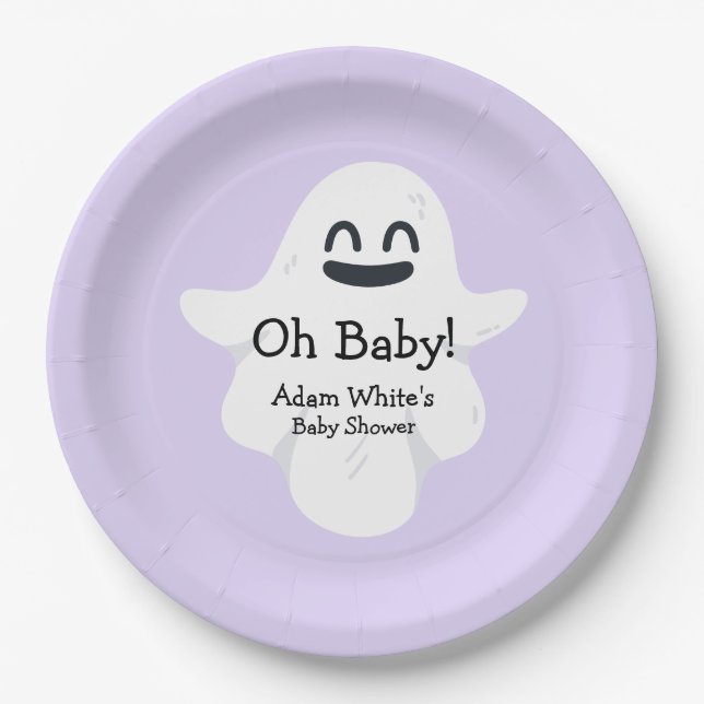 Oh Baby Purple Ghost Halloween Baby Shower Paper Plate (Front)