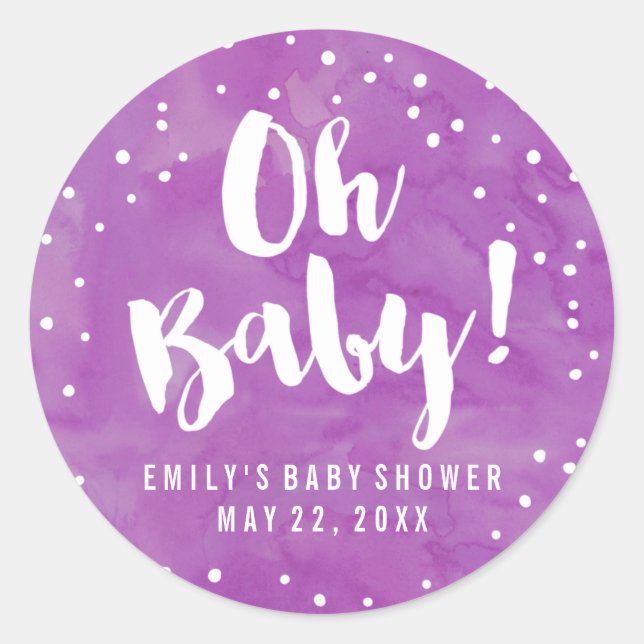 Oh Baby Purple Watercolor Baby Shower Classic Round Sticker (Front)