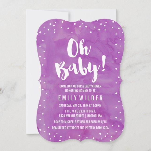 Oh Baby Purple Watercolor Baby Shower Invitation (Front)