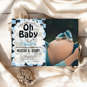 Oh Baby Race Car Chequered Blue Baby Shower Invitation