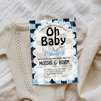 Oh Baby Race Car Chequered Blue Baby Shower Invitation