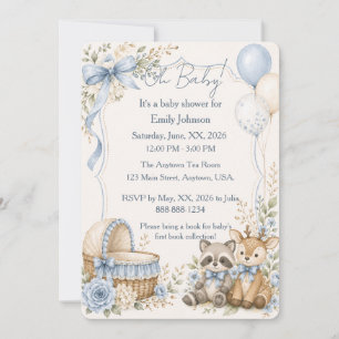 Oh Baby Racoon and Deer Blue Baby Shower Invitation