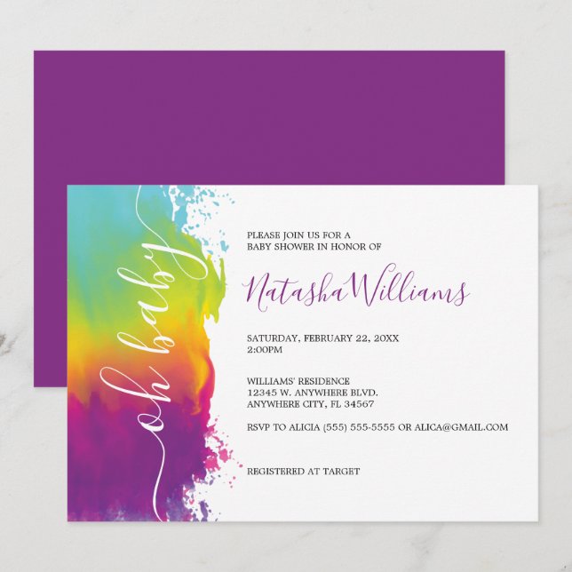 Oh Baby, Rainbow Watercolor Baby Shower, Purple Invitation (Front/Back)