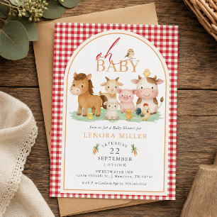 Oh Baby! Red Gingham Farm Animal Baby Shower Invitation