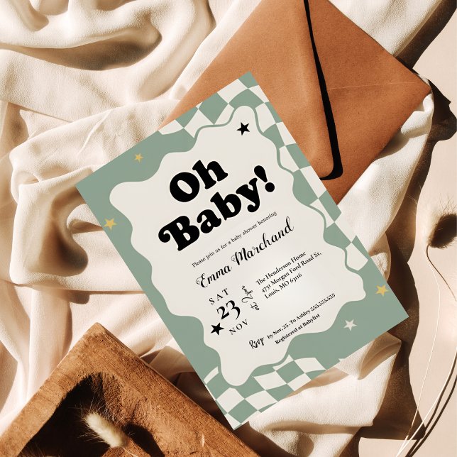 Oh Baby! Retro Checkered Sage Green Baby Shower  Invitation (Creator Uploaded)