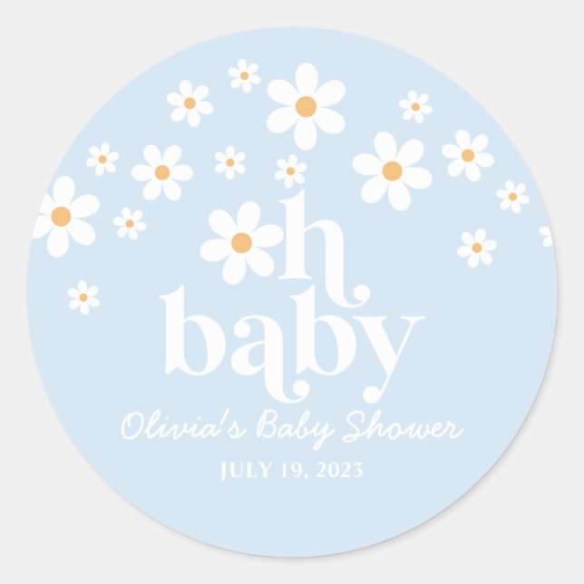 Oh Baby! Retro Daisy blue boho Baby Shower Classic Round Sticker (Front)