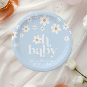 Oh Baby! Retro Daisy blue boho Baby Shower Paper Plate