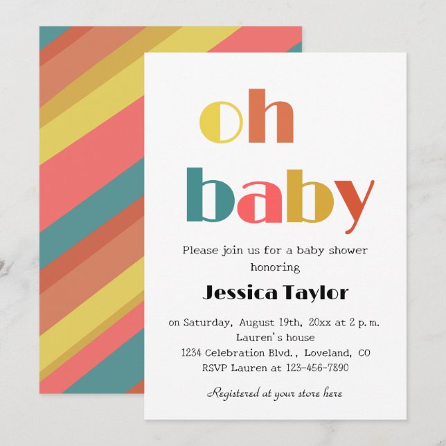 Oh Baby Retro Rainbow Baby Shower Invitation (Front/Back)