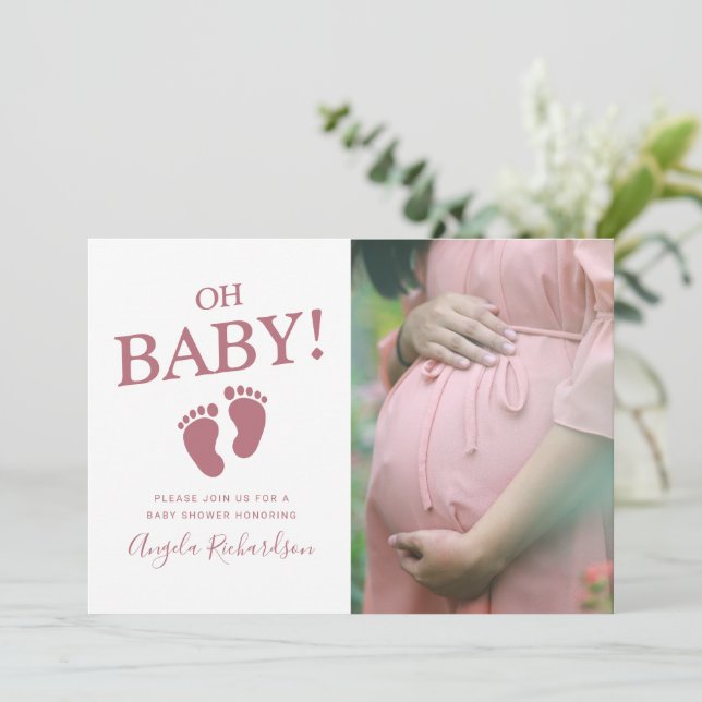 Oh Baby Rose Gold Custom Photo Girl Baby Shower Invitation (Standing Front)