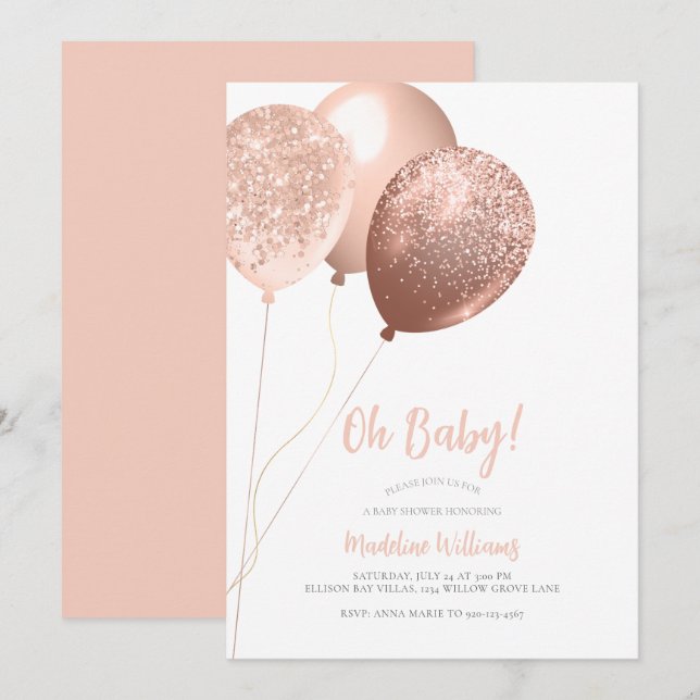 Oh Baby Rose Gold Glitter Balloons Baby Shower Invitation (Front/Back)