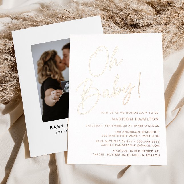Oh Baby Rose Gold Script Photo Baby Shower (Creator Uploaded)