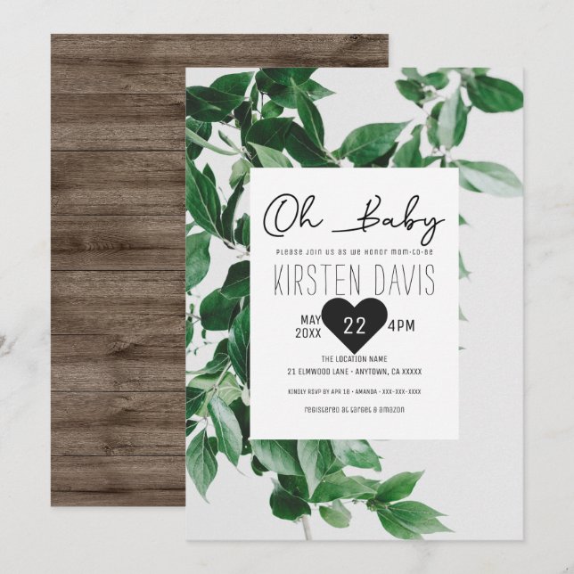 Oh Baby Rustic Country Wood Greenery Baby Shower Invitation (Front/Back)