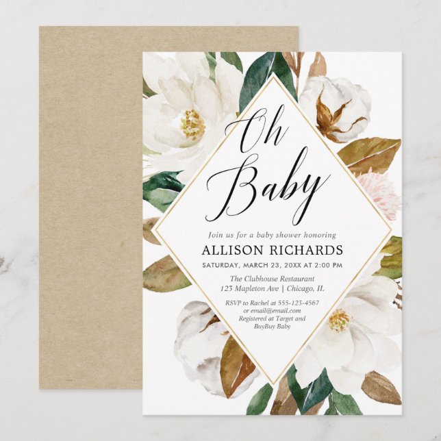 Oh baby rustic floral magnolia girl baby shower invitation (Front/Back)