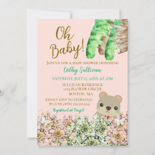 Oh Baby Rustic Greenery Teddy Bear Baby Shower Invitation