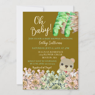 Oh Baby Rustic Greenery Teddy Bear Brown Baby Invitation