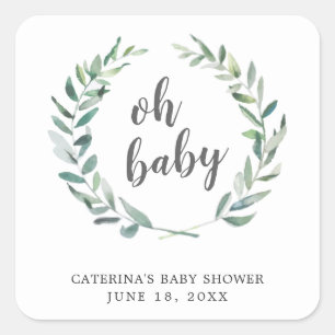 Oh Baby Rustic Greenery Wreath Baby Shower Favour Square Sticker