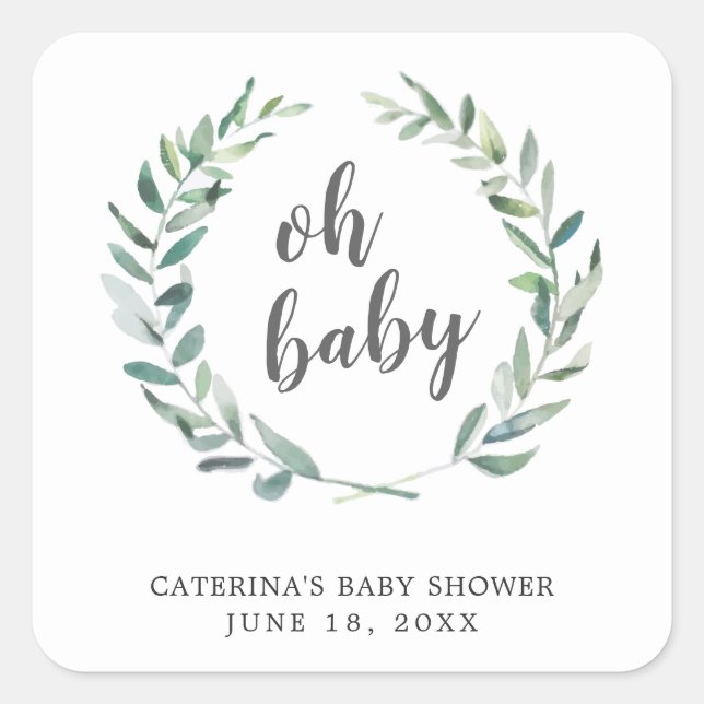 Oh Baby Rustic Greenery Wreath Baby Shower Favour Square Sticker (Front)