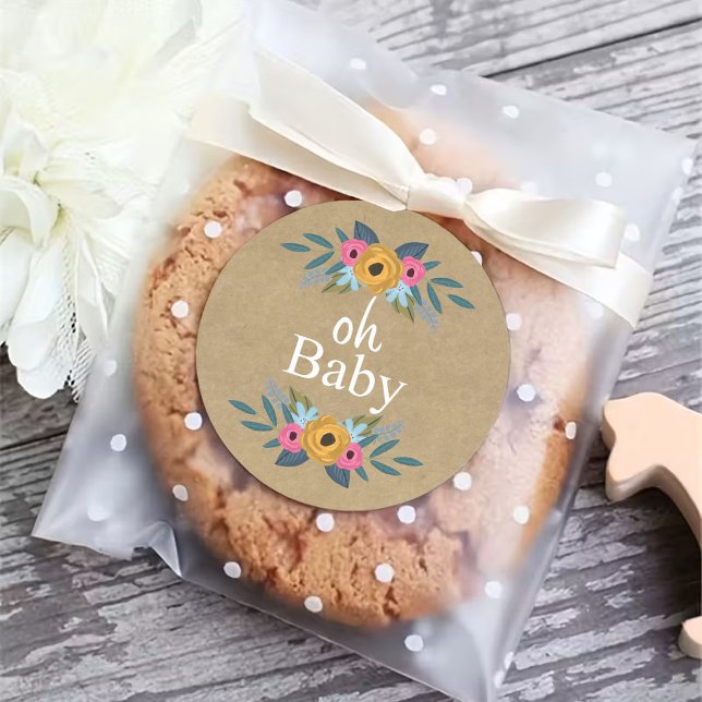 Oh Baby! Rustic Kraft Floral Wreath Baby Shower Classic Round Sticker (Creator Uploaded)