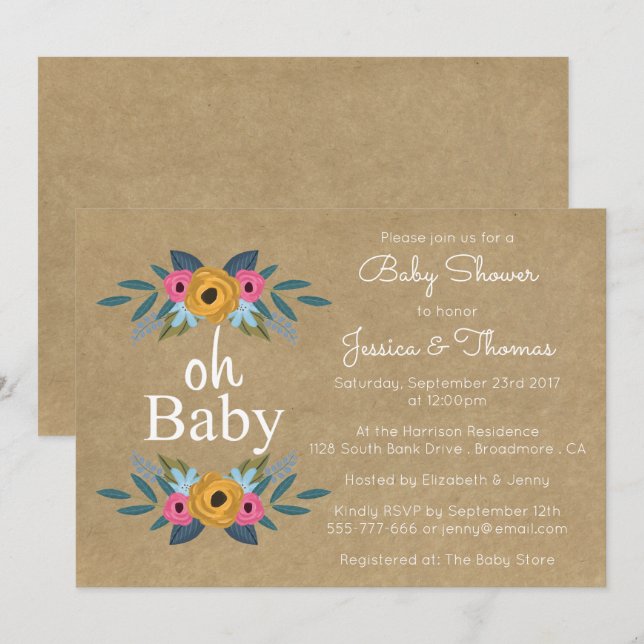 Oh Baby! Rustic Kraft Floral Wreath Baby Shower Invitation (Front/Back)