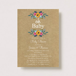 Oh Baby! Rustic Kraft Floral Wreath Baby Shower Invitation
