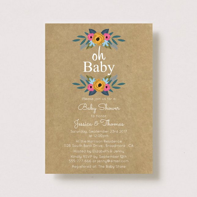 Oh Baby! Rustic Kraft Floral Wreath Baby Shower Invitation (Creator Uploaded)