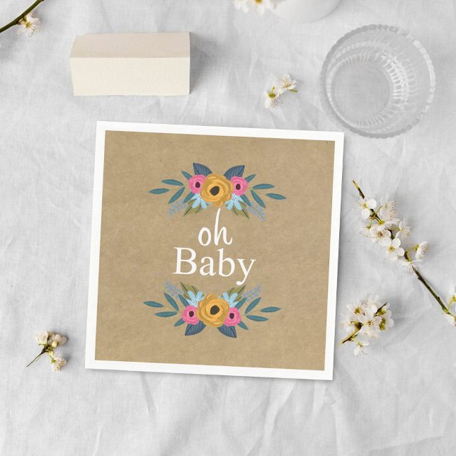 Oh Baby! Rustic Kraft Floral Wreath Baby Shower Napkin (Creator Uploaded)