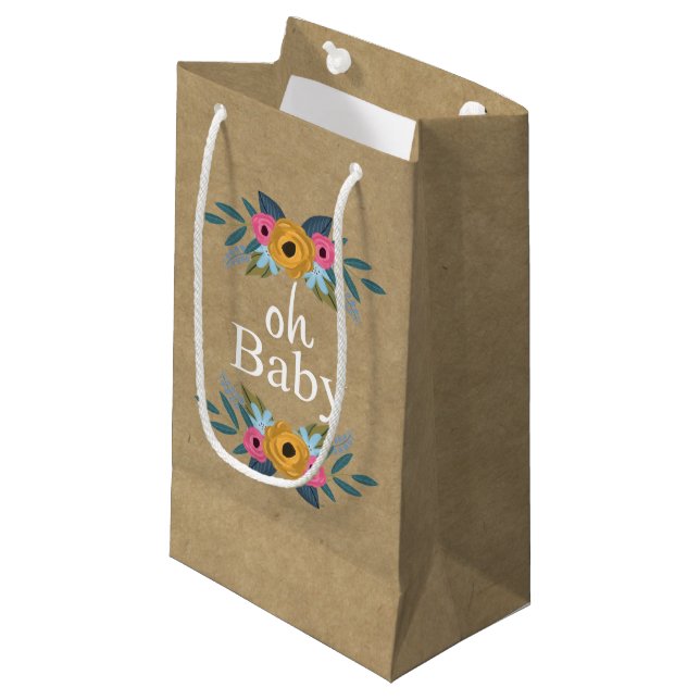 Oh Baby! Rustic Kraft Floral Wreath Baby Shower Small Gift Bag (Front Angled)