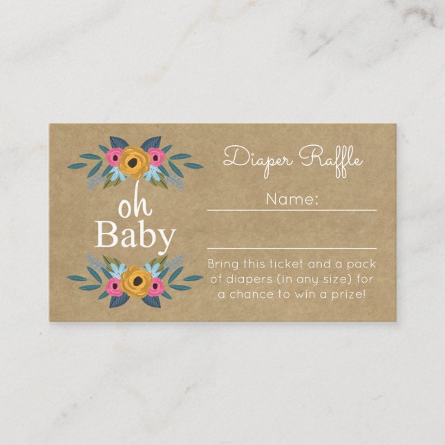 Oh Baby! Rustic Kraft Floral Wreath Diaper Raffle Enclosure Card (Front)