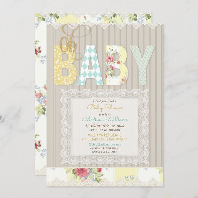Oh Baby Rustic Wood Lace Gender Neutral Yellow Invitation (Front/Back)
