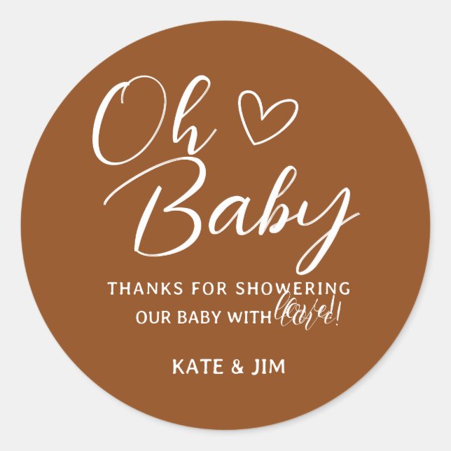 Oh Baby Saddle Brown Baby Shower Thank You Classic Round Sticker (Front)