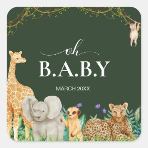 Oh baby Safar Animal Jungle Greenery Baby Shower Square Sticker