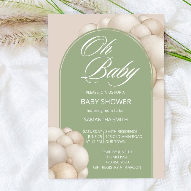 Oh baby sage beige balloon arch minimalist simple invitation (Creator Uploaded)