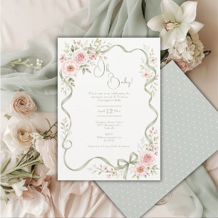 Oh Baby Sage Floral Ribbon Frame Baby Shower Invitation