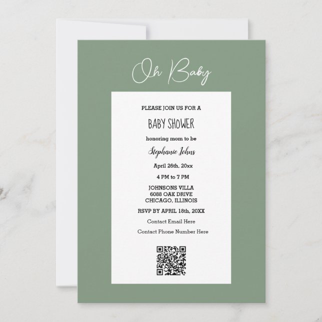 Oh Baby Sage Green Baby Shower QR Code Script Invitation (Front)