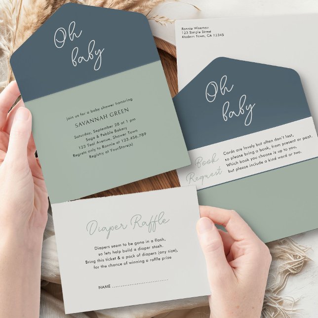 Oh Baby Sage Green Books Diapers and Baby Shower All In One Invitation (All-in-One Invitation, Diaper Raffle + Book Request from my Tricolor Baby Shower Collection)